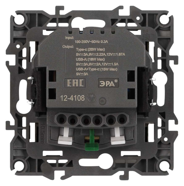 Розетка ЭРА Серия 12 12-4108-05 2P+E 16A-250В со шторками с USB type-A+C 5В-3А антрацит Б0067707