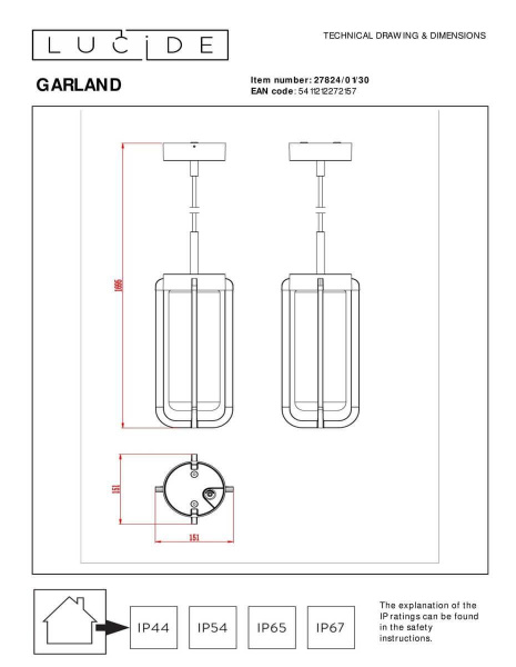 Уличный подвесной светильник Lucide Garland 27824/01/30