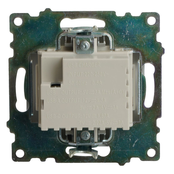 Розетка 2-местная USB + type C (механизм)), STEKKER GLS10-7116-03 , 250B, 3А, max 20W, серия Катрин, серебро 50054