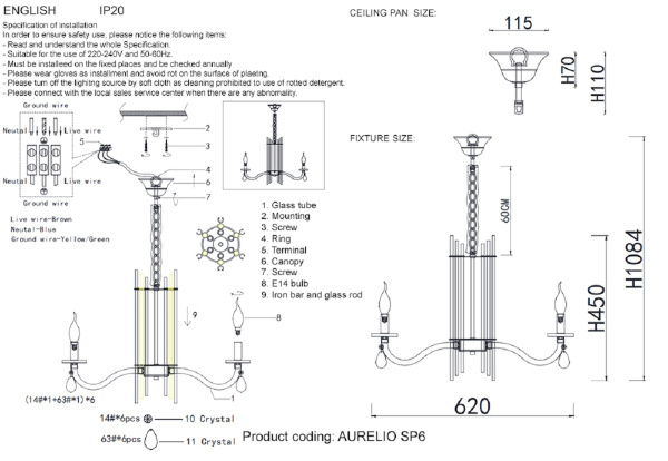 Подвесная люстра Crystal Lux AURELIO SP6 GOLD+CHROME/TRANSPARENT