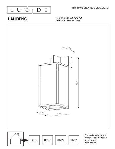 Уличный настенный светильник Lucide Laurens 27805/01/30