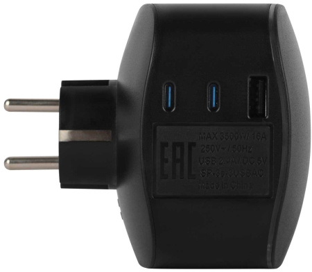 Разветвитель электрический ЭРА SP-3e-3USBAC-B на 3 розетки + 3 USB A+C с заземлением со шторками 16А черный Б0069082