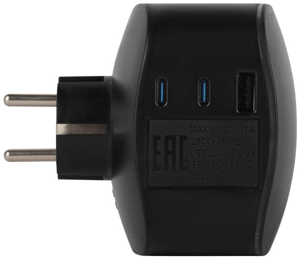 Разветвитель электрический ЭРА SP-3e-3USBAC-B на 3 розетки + 3 USB A+C с заземлением со шторками 16А черный Б0069082