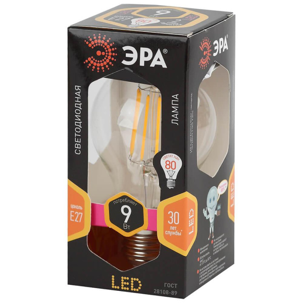 Лампа светодиодная филаментная ЭРА E27 9W 2700K прозрачная F-LED A60-9W-827-E27 Б0043433