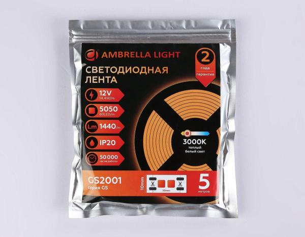 Светодиодная лента Ambrella Light 14,4W/m 60LED/m 5050SMD теплый белый 5M GS2001