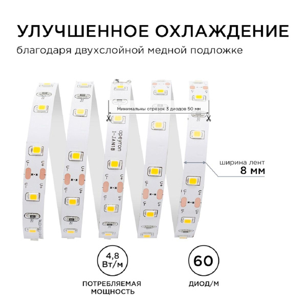 Светодиодная лента Apeyron 4,8W/m 60LED/m 3528SMD теплый белый 5M 00-03