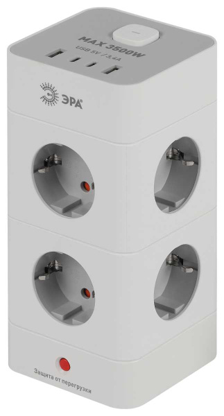 Сетевой фильтр ЭРА TWR-8es-1,5m-4USB-W башня с защитой заземлением с выключателем 8 розеток+4xUSBA+C 1,5м 16А белый Б0069071