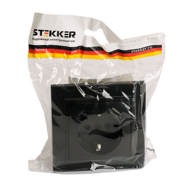 Розетка 1-местная с/з Stekker, PST16-9016-03, 250В, 16А с USB+ type C Эрна, черный 50078