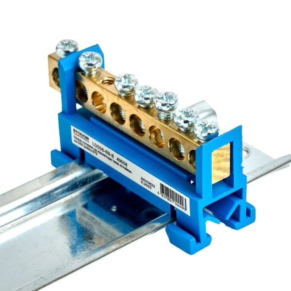 Шина "N" на изоляторе Stekker 6*9 тип "стойка" на DIN-рейку 8 выводов, синий, LD556-69-8 49558