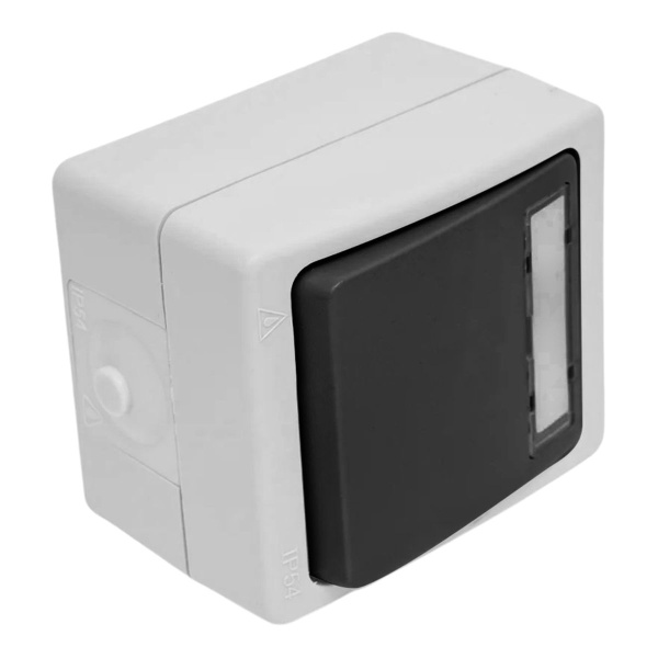 Выключатель 1-клавишный с окном для маркировки самовозвратный Stekker, PSW10-114-54, открытой установки, 250В, 10А, IP54, серый/графит 49723