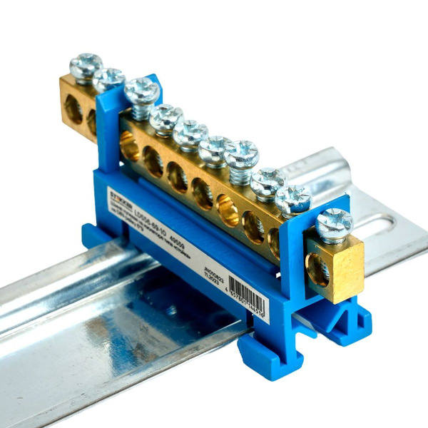 Шина "N" на изоляторе Stekker 6*9 тип "стойка" на DIN-рейку 10 выводов, синий, LD556-69-10 49559