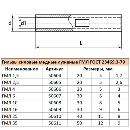 Гильза медная луженая ГМЛ 2,5-2,6 ГОСТ 23469.3-79 LD-GML-25-26 50605
