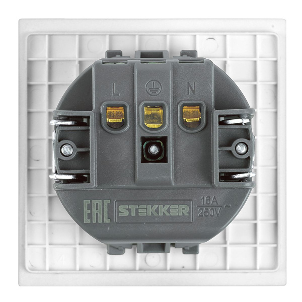 Розетка 1-местная с защитной шторкой с/з (механизм), Stekker, 250В, 16А Мия, RST16-3110-01, белая магнолия 50440