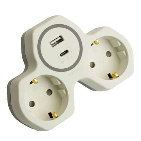Разветвитель сетевой 2-местный с/з Stekker ADP16-15-20, 250V, 16A и USB+Type C на 2.4А, белый/серый 50071