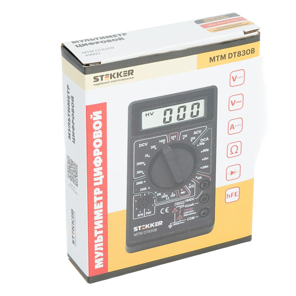 Мультиметр цифровой, портативный,1999 отсчетов, батарея крона, ручная регулировка, черный Stekker MTM DT830B 49992