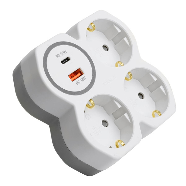 Разветвитель сетевой на 3 выхода с/з, Stekker, 250В, 16А, USB A+Type C, 2,4А, PD, белый/серый ADP16-17-20 50110