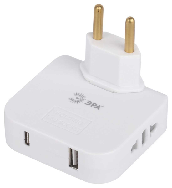 Разветвитель электрический ЭРА SPF-2-FL-USBC поворотный на 2 розетки + 2USB A+C 10А белый Б0069090
