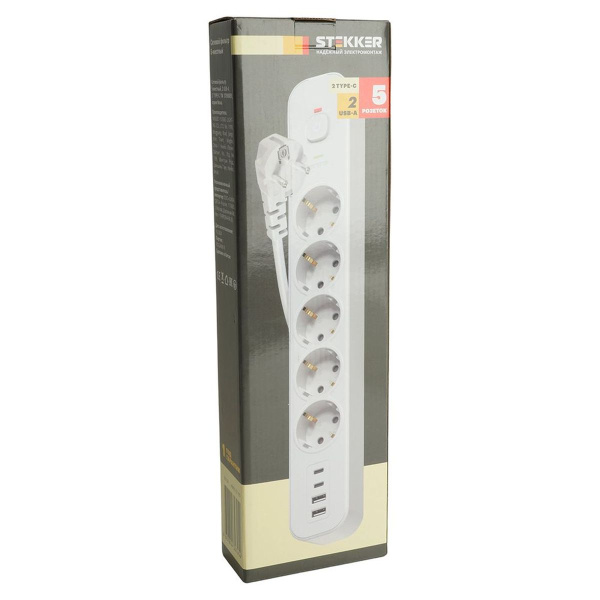Сетевой фильтр 5-местный с/з Stekker3x1мм2, 1,8 м, 250В, 16А, 2 USB-A+2 Type-C, серия Nova, белый 50102