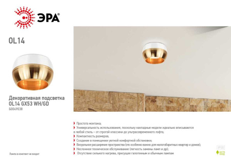 Накладной светильник ЭРА OL14 GX53 WH/GD Б0049038