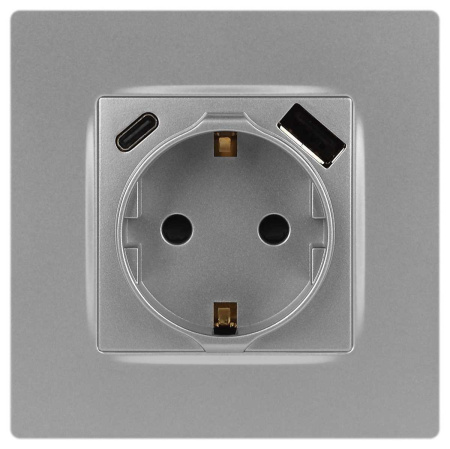 Розетка ЭРА Серия 12 12-4108-03 2P+E 16A-250В со шторками с USB type-A+C 5В-3А алюминий Б0067716