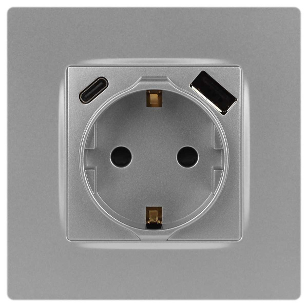 Розетка ЭРА Серия 12 12-4108-03 2P+E 16A-250В со шторками с USB type-A+C 5В-3А алюминий Б0067716