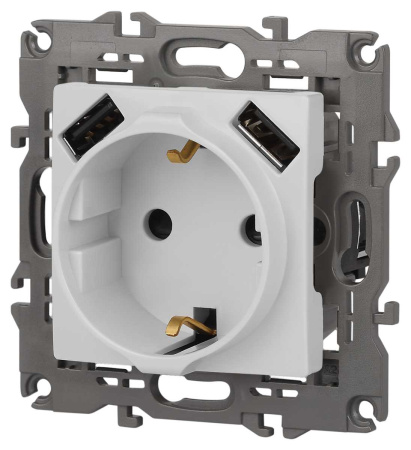 Розетка ЭРА Elegance 14-4109-01М 2P+E 16A-250В штор. с 2xUSB 5В-3А белый матовый Б0065773