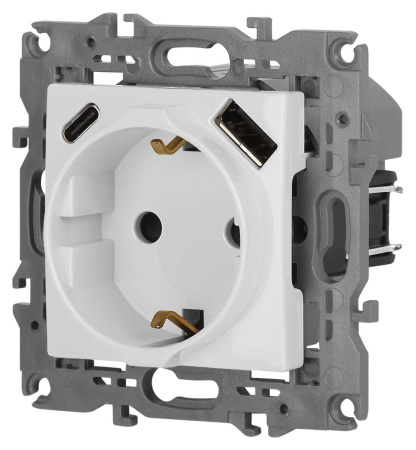 Розетка ЭРА Elegance 14-4108-01 2P+E 16A-250В со шторками с USB type-A+C 5В-3А белый Б0067736