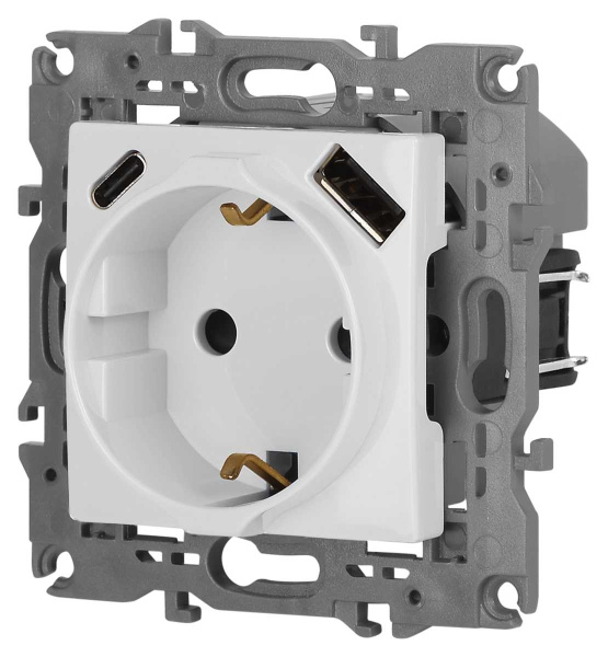 Розетка ЭРА Elegance 14-4108-01 2P+E 16A-250В со шторками с USB type-A+C 5В-3А белый Б0067736