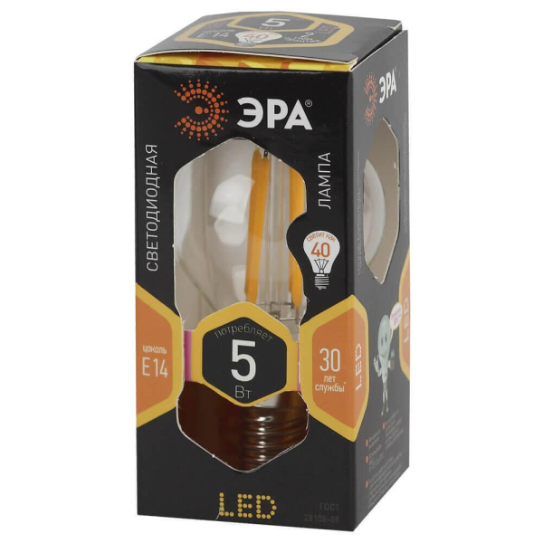 Лампа светодиодная филаментная ЭРА E14 5W 2700K прозрачная F-LED P45-5W-827-E14 Б0019006