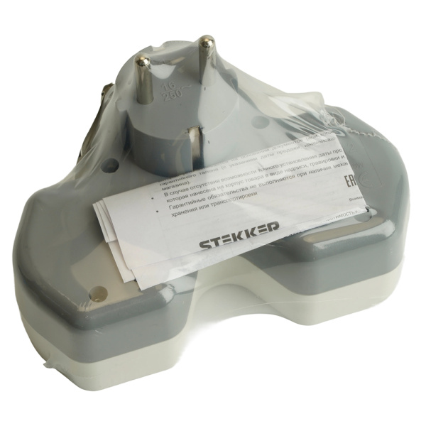 Разветвитель сетевой 2-местный с/з STEKKER ADP16-15-20, 250V, 16A и USB+Type C на 2.4А, белый/серый