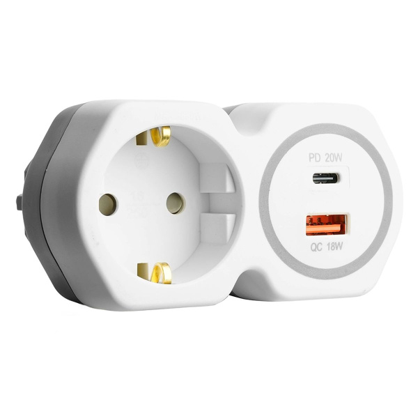 Разветвитель сетевой на 1 выход с/з Stekker 250В, 16А, USB A+ Type C, 2,4А, PD, белый/серый, ADP16-16-20 50109