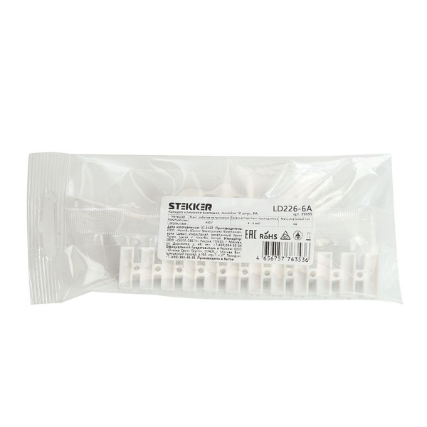 Колодка клеммная винтовая Stekker, линейка 12 штук, полипропилен, LD226-6A DIY 39895