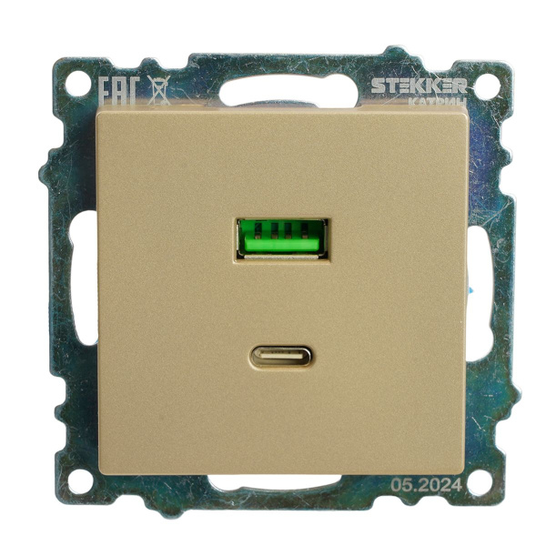 Розетка 2-местная USB + type C (механизм), 250В, 3А, max 20W, STEKKER, GLS10-7116-08, серия Катрин, золото 50053