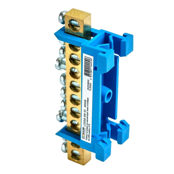Шина "N" на изоляторе Stekker 6*9 тип "стойка" на DIN-рейку 10 выводов, синий, LD556-69-10 49559