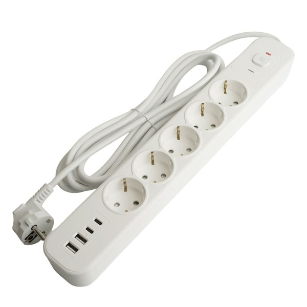 Сетевой фильтр 5-местный с/з Stekker 3x1мм2, 3 м, 250В, 16А, 2 USB-A+2 Type-C 3, серия Nova, белый 50103
