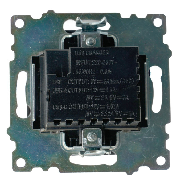 Розетка 2-местная USB + type C (механизм), STEKKER GLS10-7116-05, 250B, 3А, серия Катрин, черный 50055